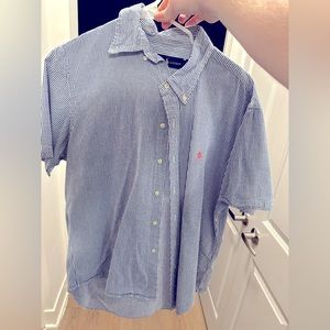 Men's Polo Ralph Lauren Blue Seersucker Short Sleeve Button Down Shirt LARGE